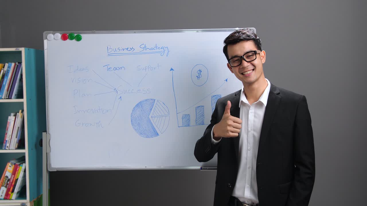Asian Businessman Making A Thumb Up With Whiteboard