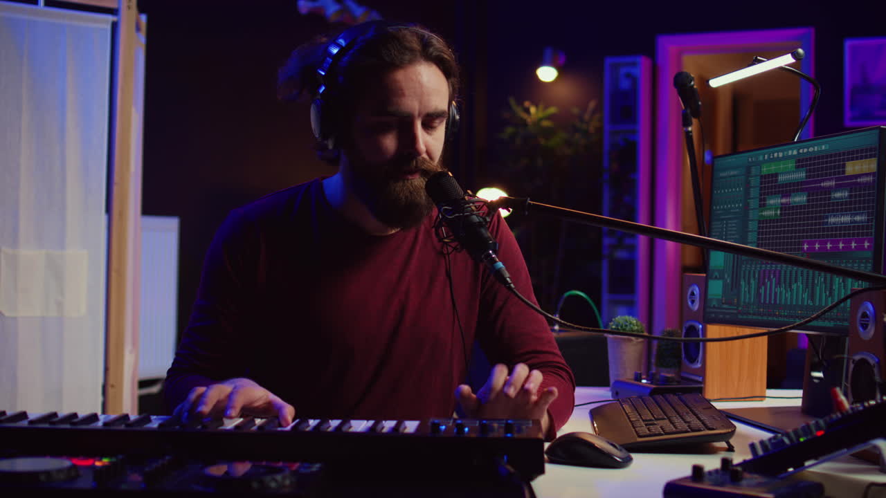 compositor grabando una nueva canción con micrófono y controlador midi