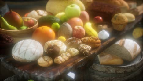 food table with wine barrels and some fruits, vegetables and bread