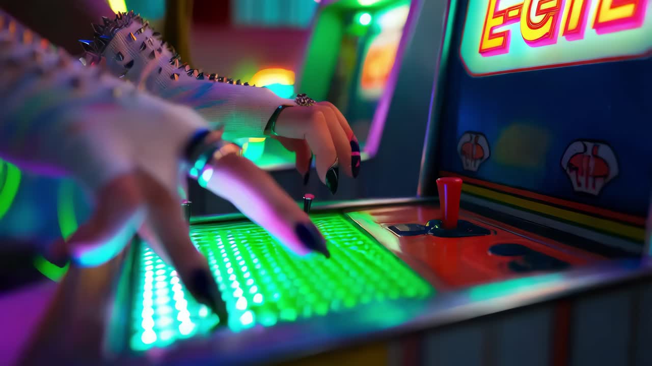 Woman Playing a Retro Arcade Game
