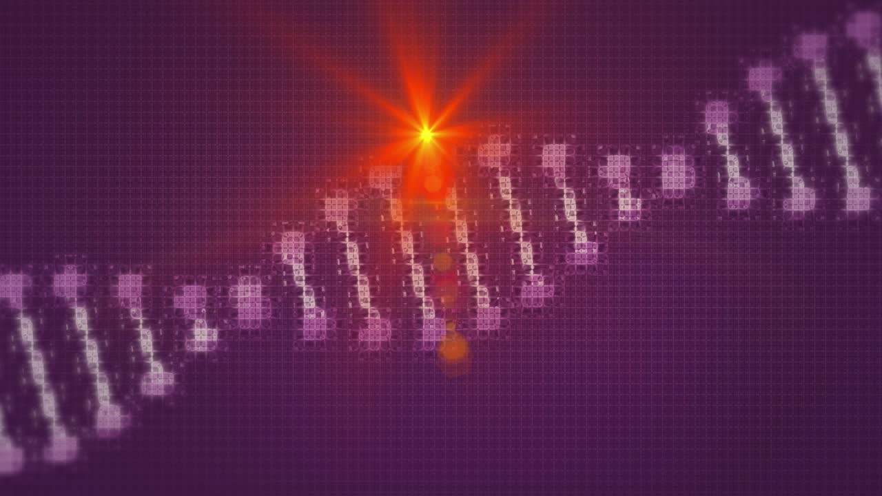 Animation of dna structure spinning over red light spot moving against purple background