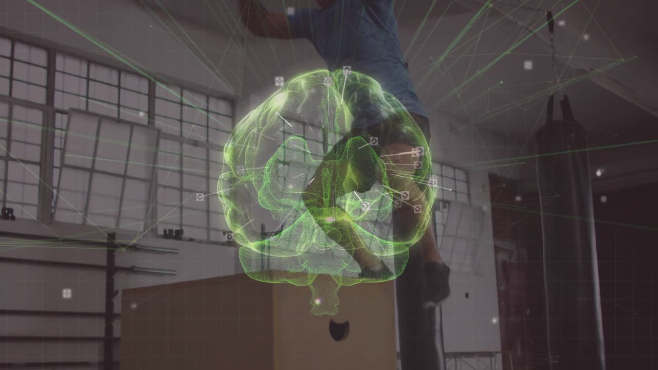 Uomo che sposta il peso, facendo pulsare i nodi cerebrali digitali tramite un salto sulla cassa fitness, collegando la concentrazione mentale.