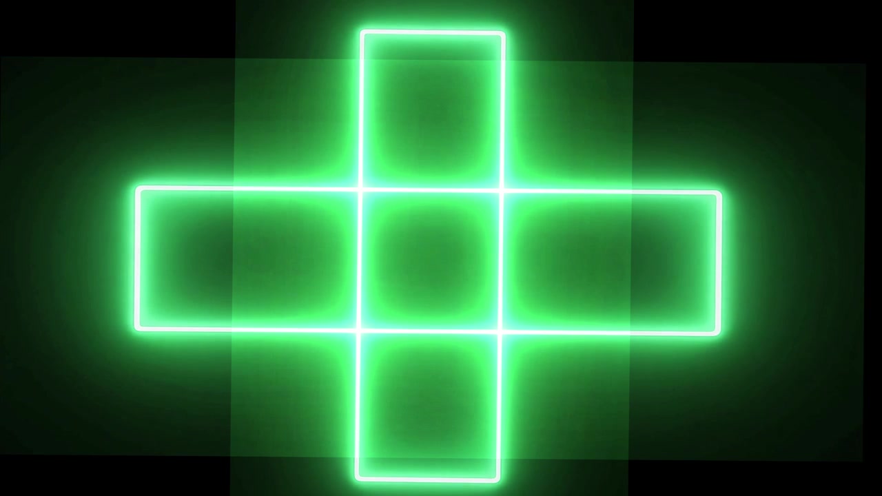 Glowing Green Neon Cross Symbol Pulsing on Black Background