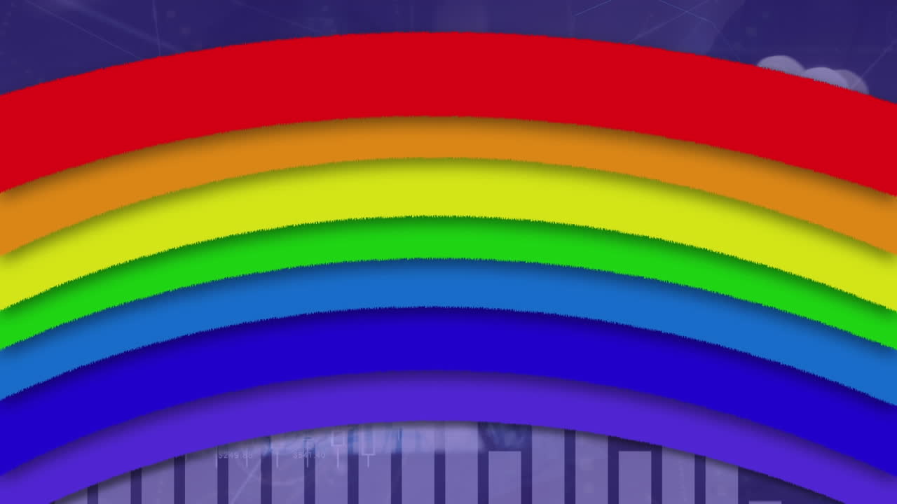 animación del efecto arco iris sobre el procesamiento de datos estadísticos contra un fondo púrpura.