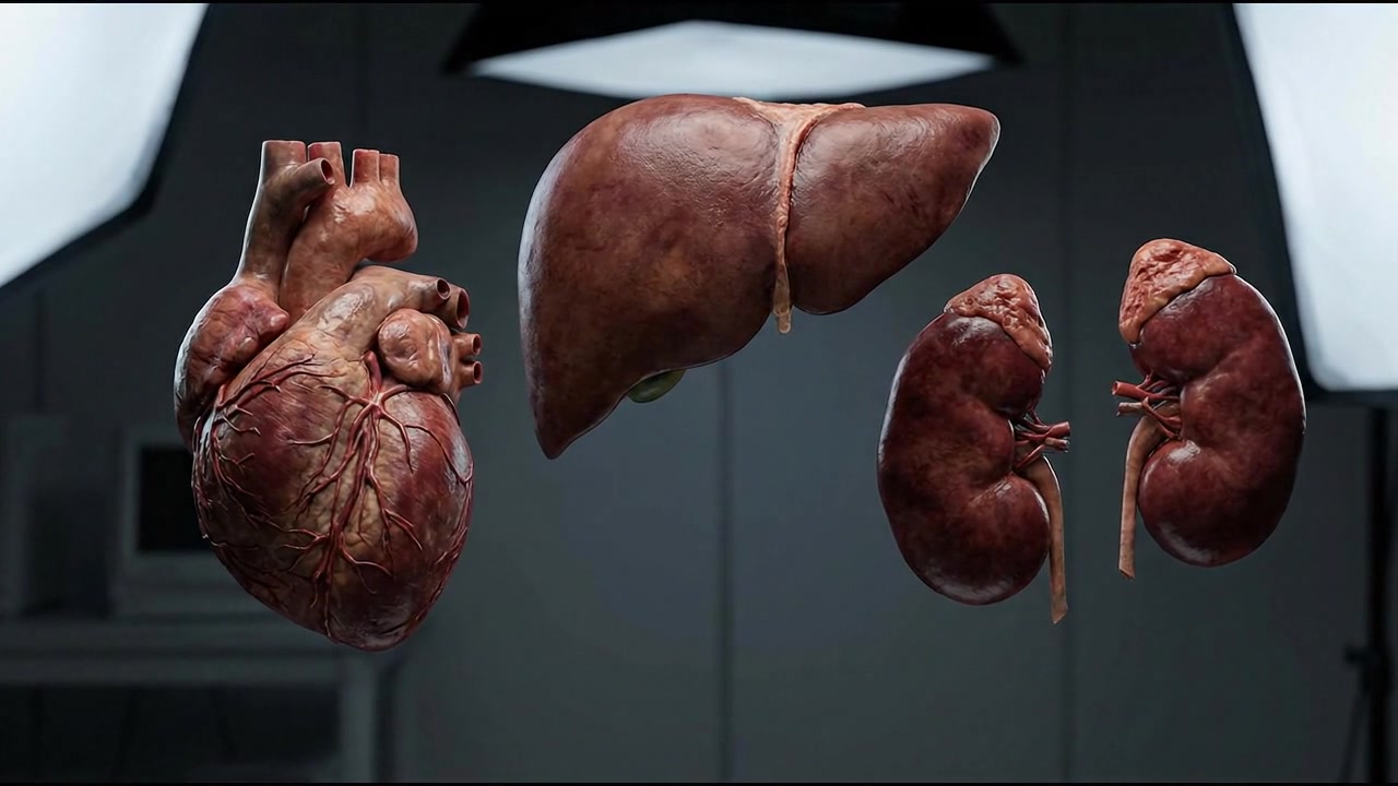 Anatomical Models of Human Heart, Liver, and Kidneys Floating in Studio