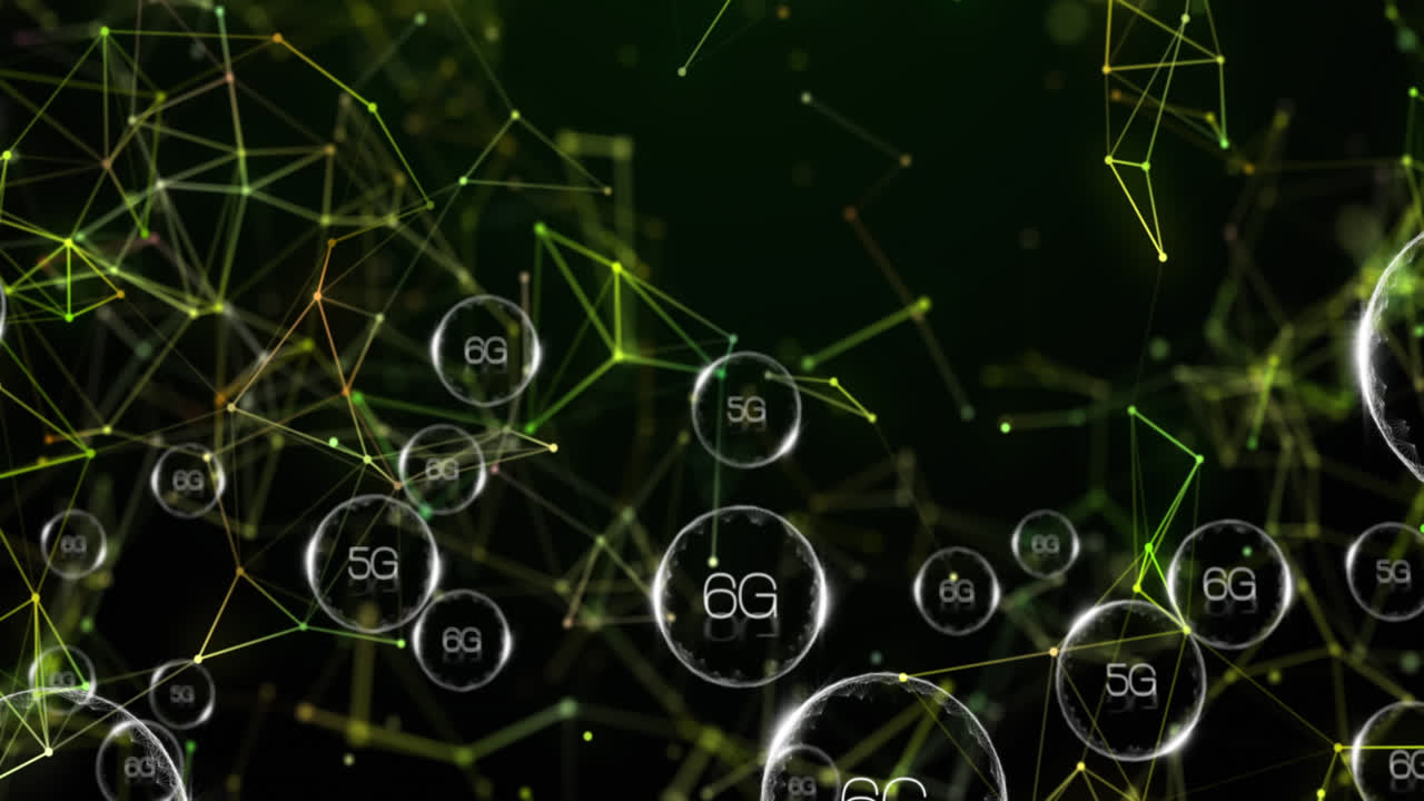 Animation of network of connections with 6g text over shapes