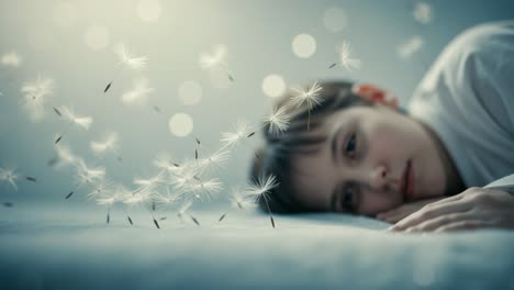 a serene moment captured: a dreamy child at rest surrounded by dandelion fluffs, creating an enchanting atmosphere of peace and imagination