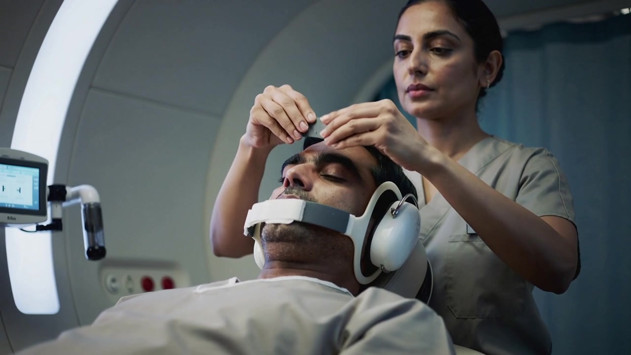 Monitor che segnala il tecnico in camice medico mentre posiziona la bobina per la testa e il cuscinetto frontale sul tavolo dello scanner per la scansione
