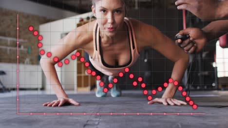 animación de procesamiento de datos sobre mujer caucásica haciendo flexiones, haciendo ejercicio en el gimnasio