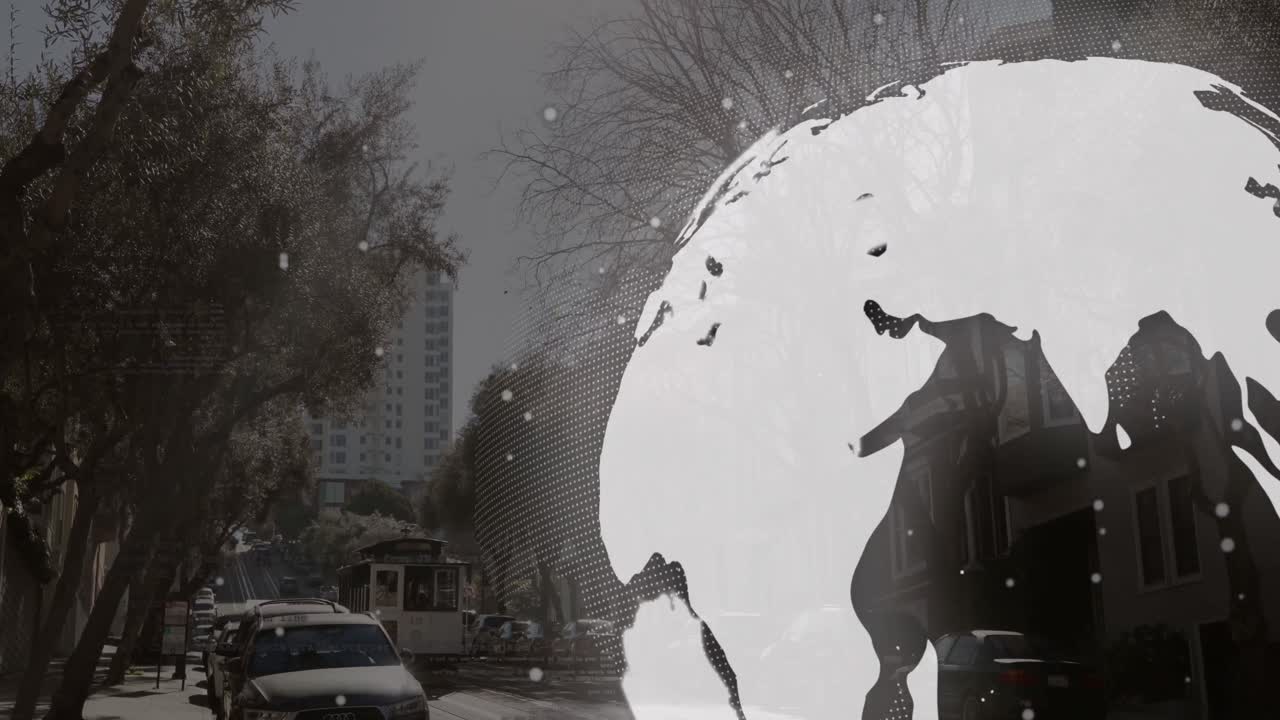 animación del globo y procesamiento de datos sobre el paisaje urbano