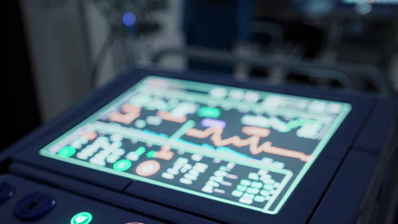 Close-up, angled shot of a medical monitor displaying vital signs in a dimly lit hospital setting
