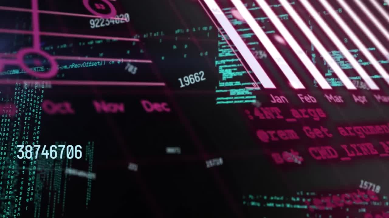 Animation of changing numbers and statistical data processing against black background