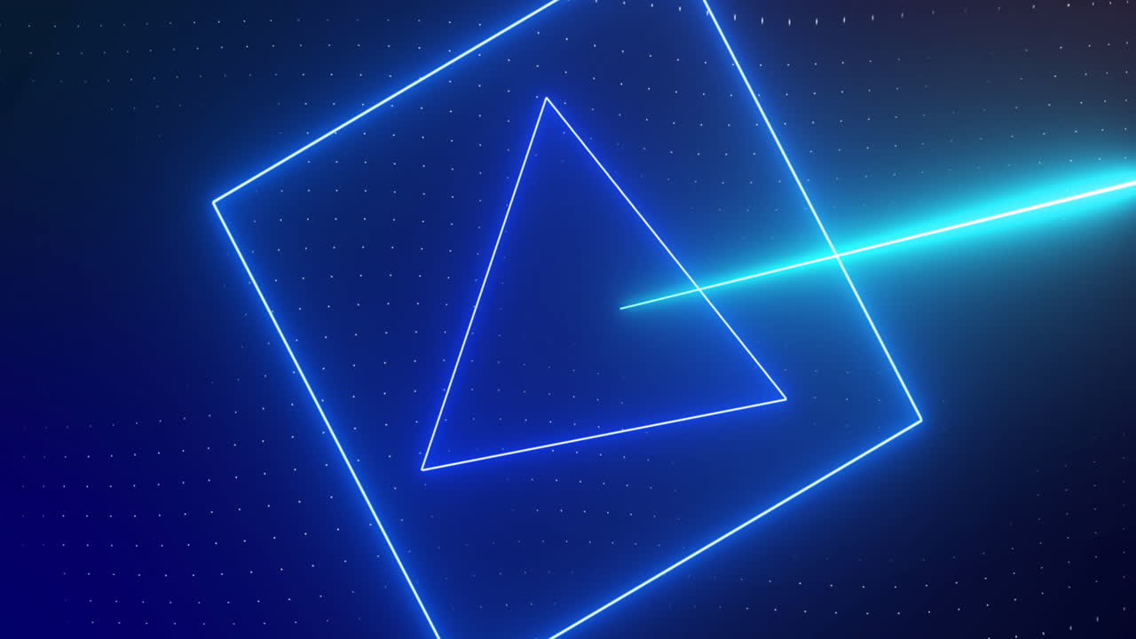 animación de formas de neón azules giratorias con rayos láser azules y púrpuras en fondo oscuro