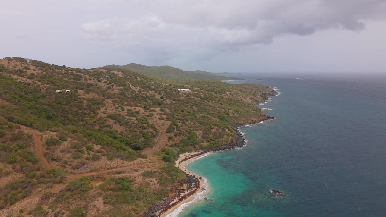 Vista aerea di una costa tropicale con lussureggianti colline verdi che incontrano acque oceaniche turchesi e limpide e la battigia