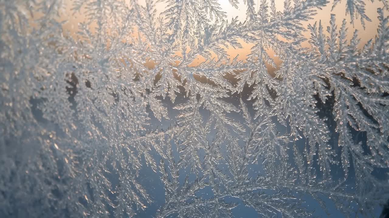 Strengthening low sun backlight making crystal frost on window catching highlights with frame edge
