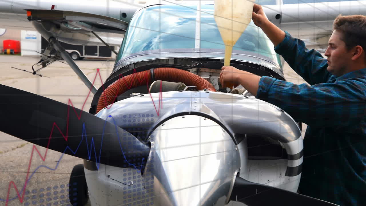 Refueling small aircraft with funnel, person analyzing animated data graphs