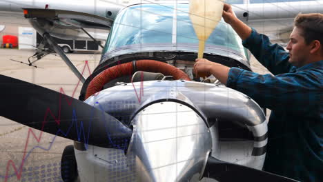refueling small aircraft with funnel, person analyzing animated data graphs