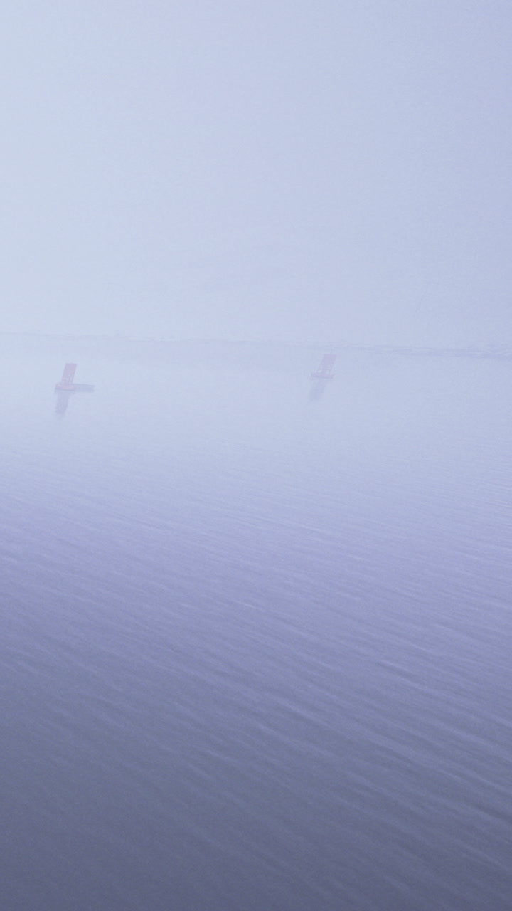 Misty silhouettes of fishermen on the tranquil lake at dawn