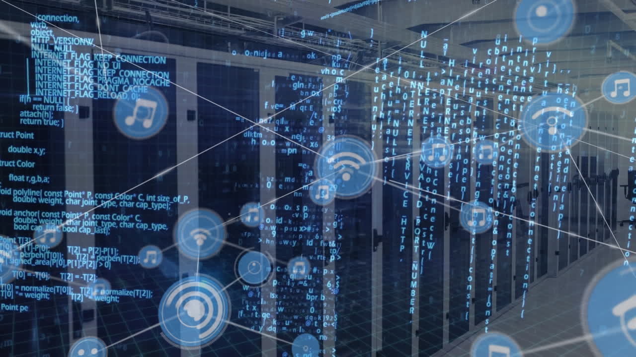 Animation of network of connections with icons with data processing over computer servers