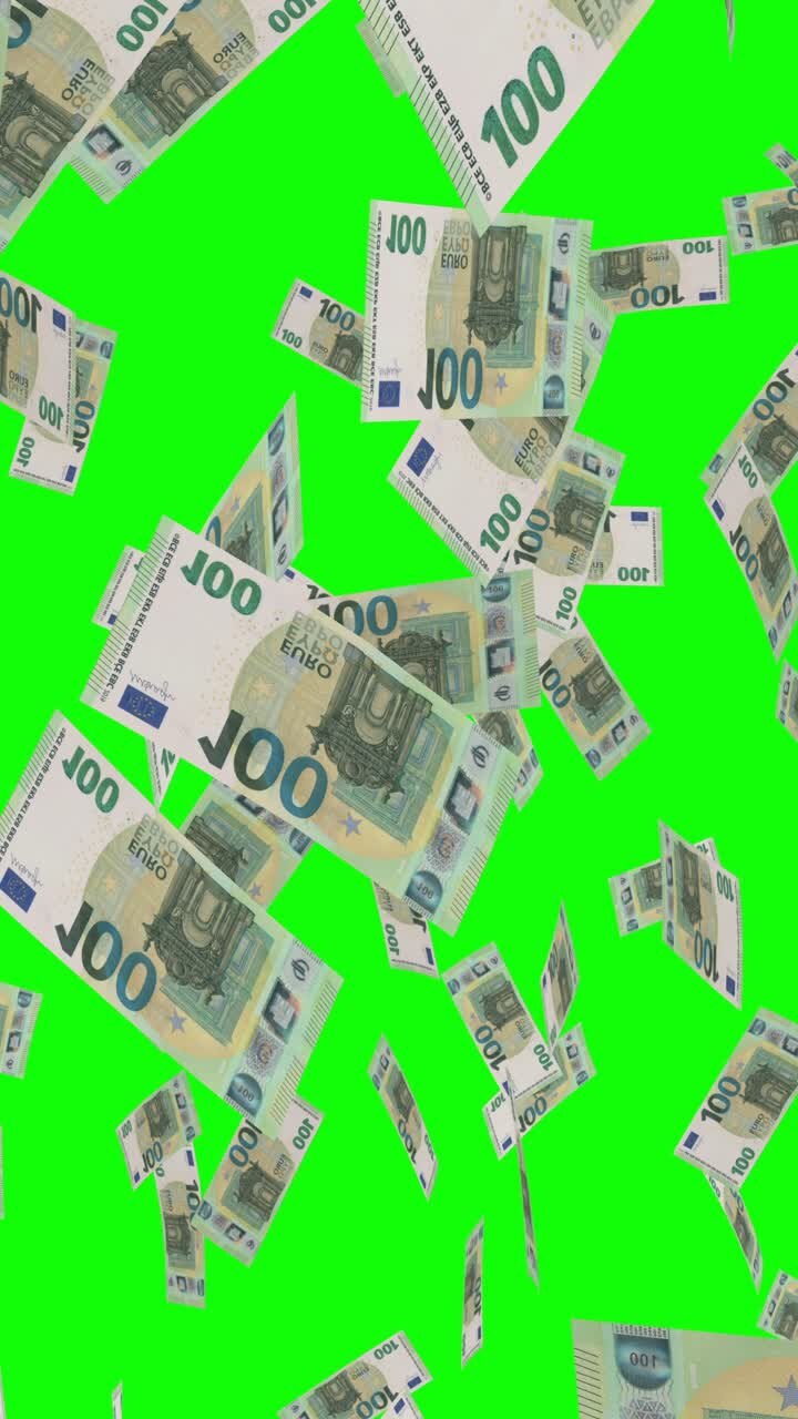 billetes de 100 euros que caen en la pantalla verde
