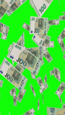 euro 100 banknotes falling on green screen