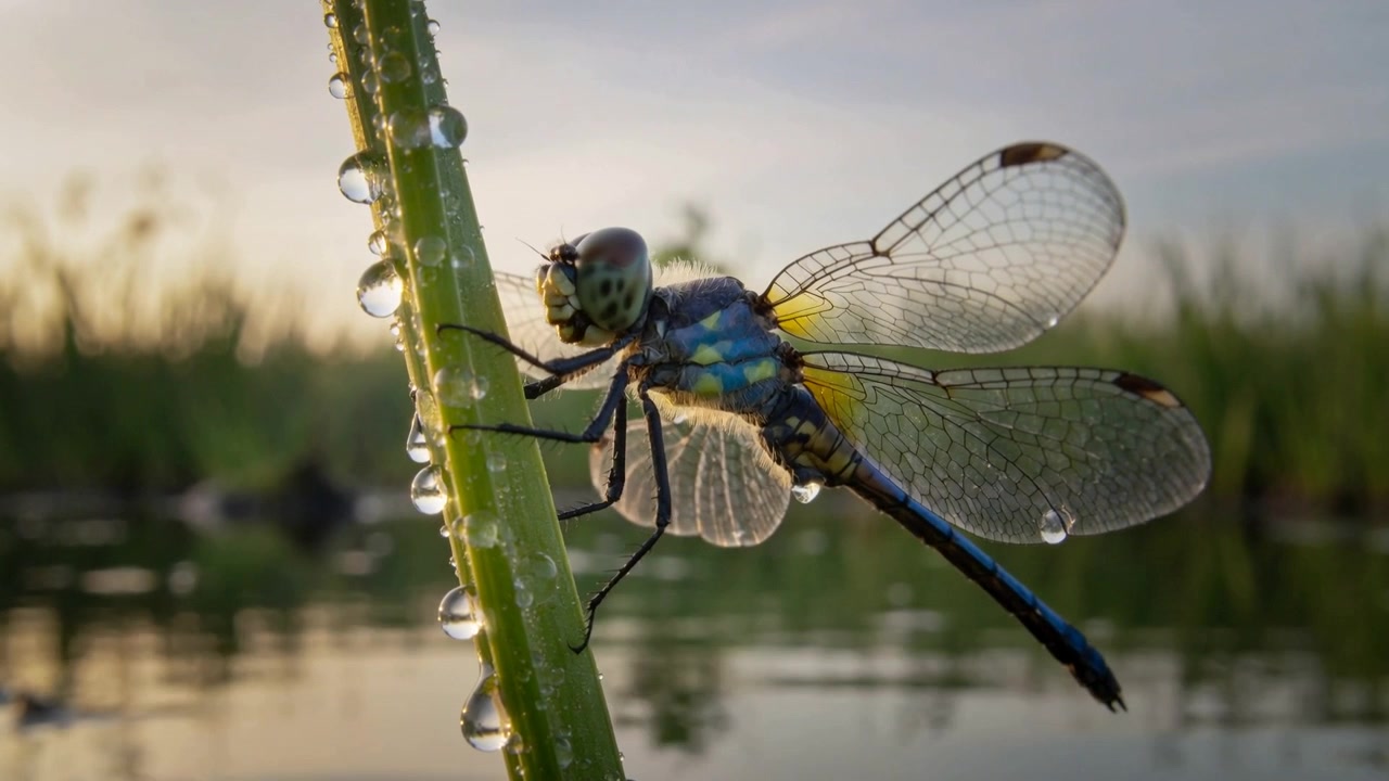 Libellula che riorienta il corpo e le ali tremolanti su uno stelo, con la luce mutevole dell'alba e increspature nello stagno.