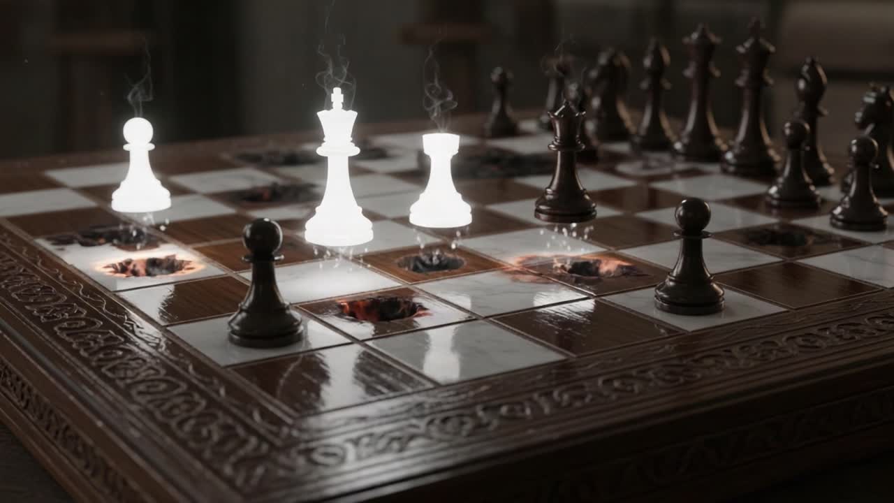 A Captivating Chess Game Featuring Ethereal Pieces on a Beautifully Crafted Board, Illuminated by Soft Light, Creating a Mystical Atmosphere of Strategy and Skill