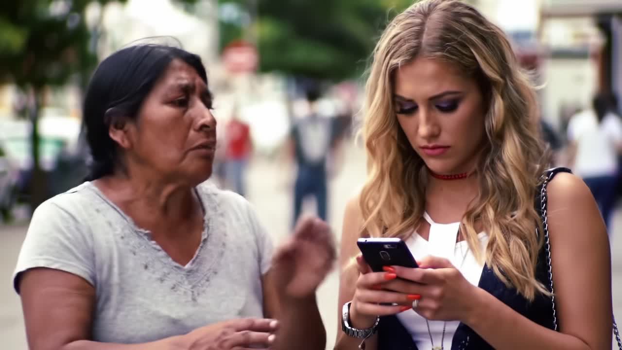 A Moment of Connection: A Young Woman Engrossed in Her Phone While an Older Woman Seeks Her Attention on a Busy Street, Highlighting Generational Differences