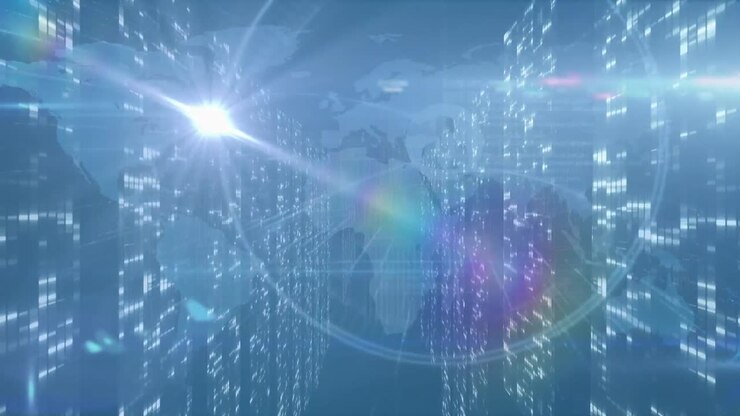Animation of light trails and moving columns over world map on blue background