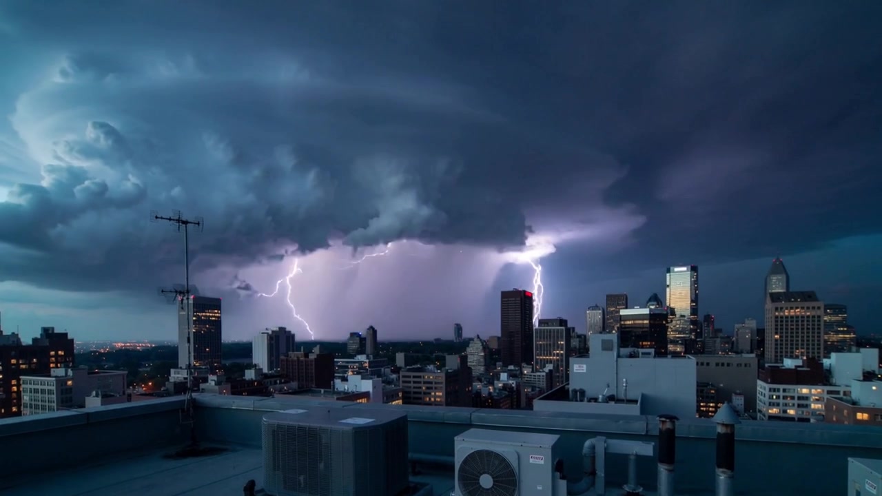 Rotating storm cloud forming after sunset over downtown rooftop, lightning striking HVAC units