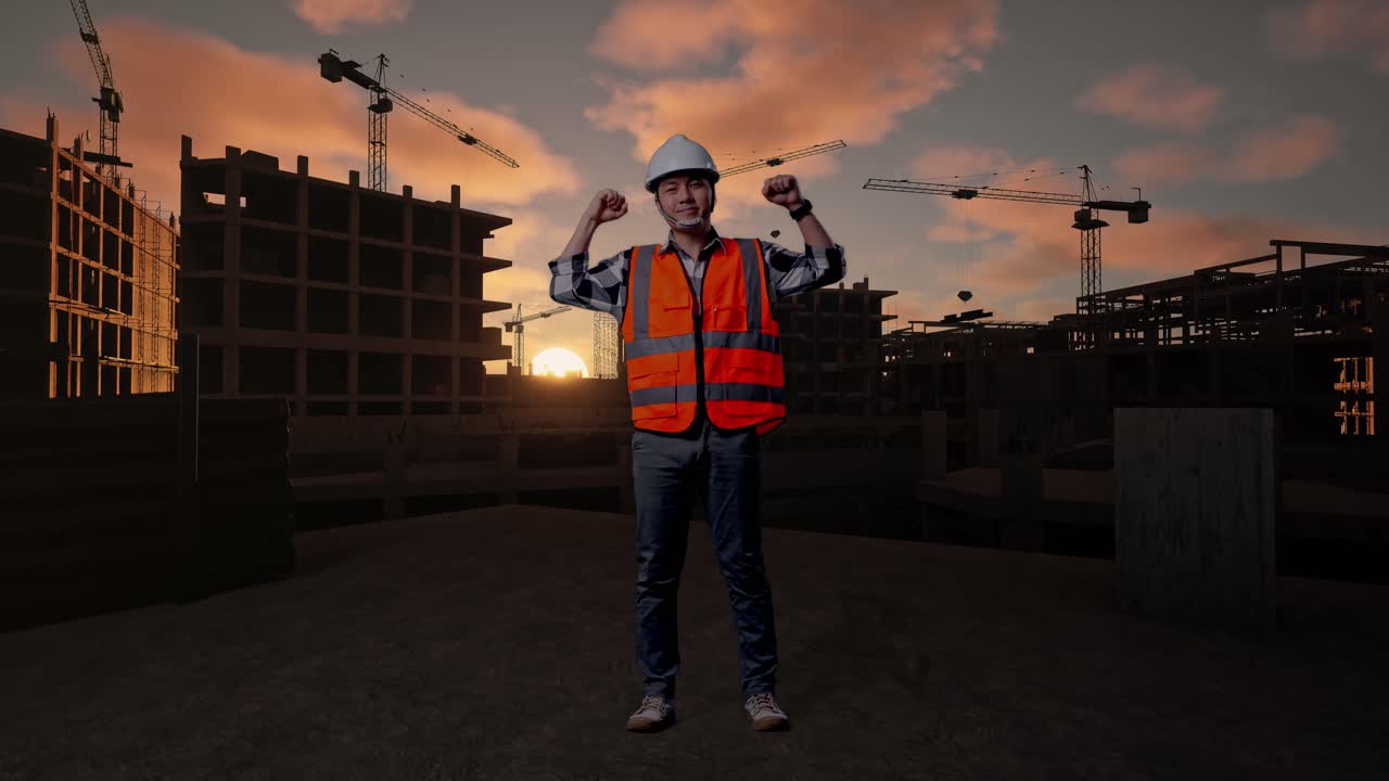 Full Body Of Asian Male Engineer With Safety Helmet Flexing His Bicep And Smiling To Camera While Standing At Building & Construction Site in Progress to New House
