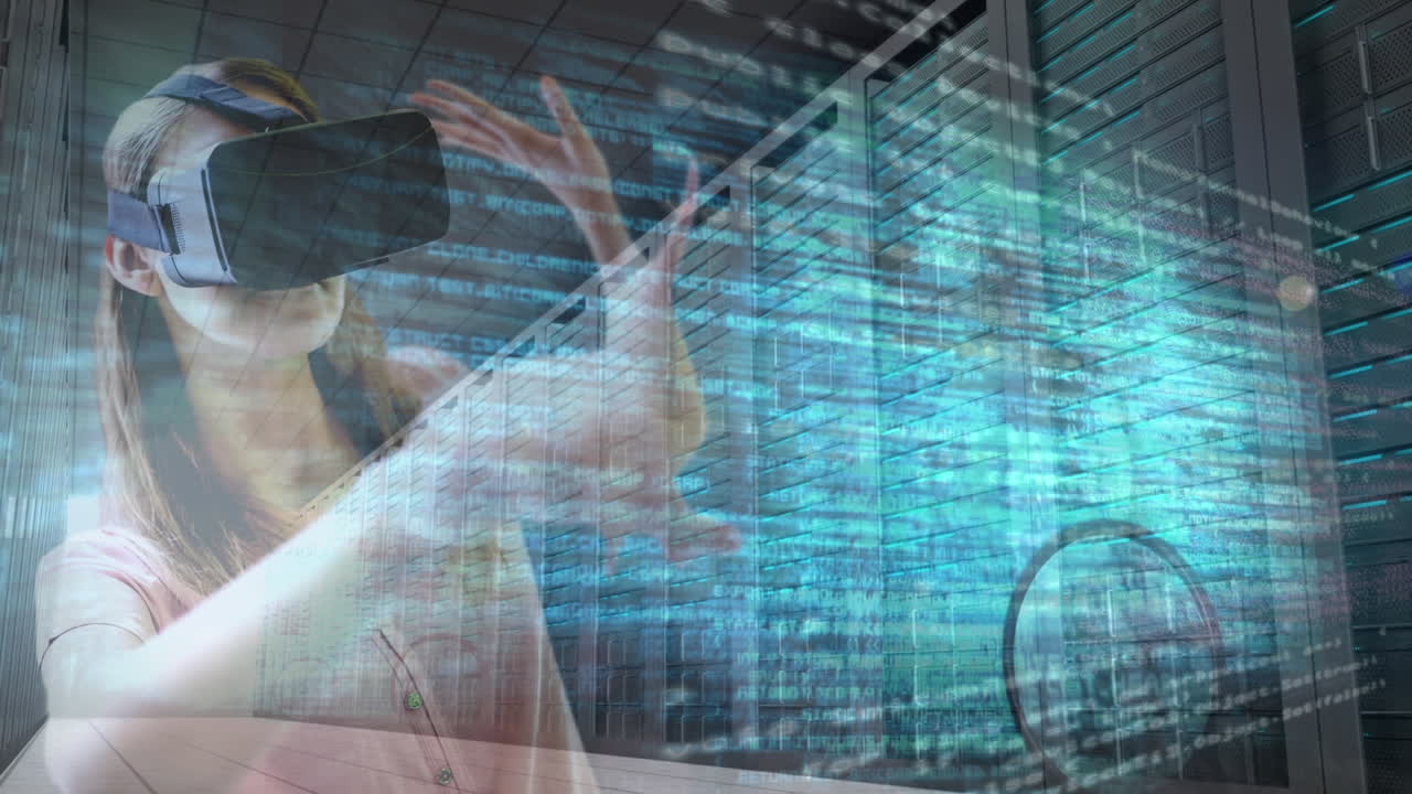 vr 헤드을 착용한 여성이 데이터 처리 애니메이션을 통해 가상 환경과 상호 작용합니다.
