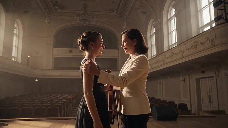 Violinist Embracing Mentor on Stage in Concert Hall