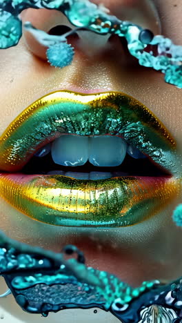 A woman's face is covered in water and has a green lip. The image is a representation of the importance of staying hydrated and taking care of one's health