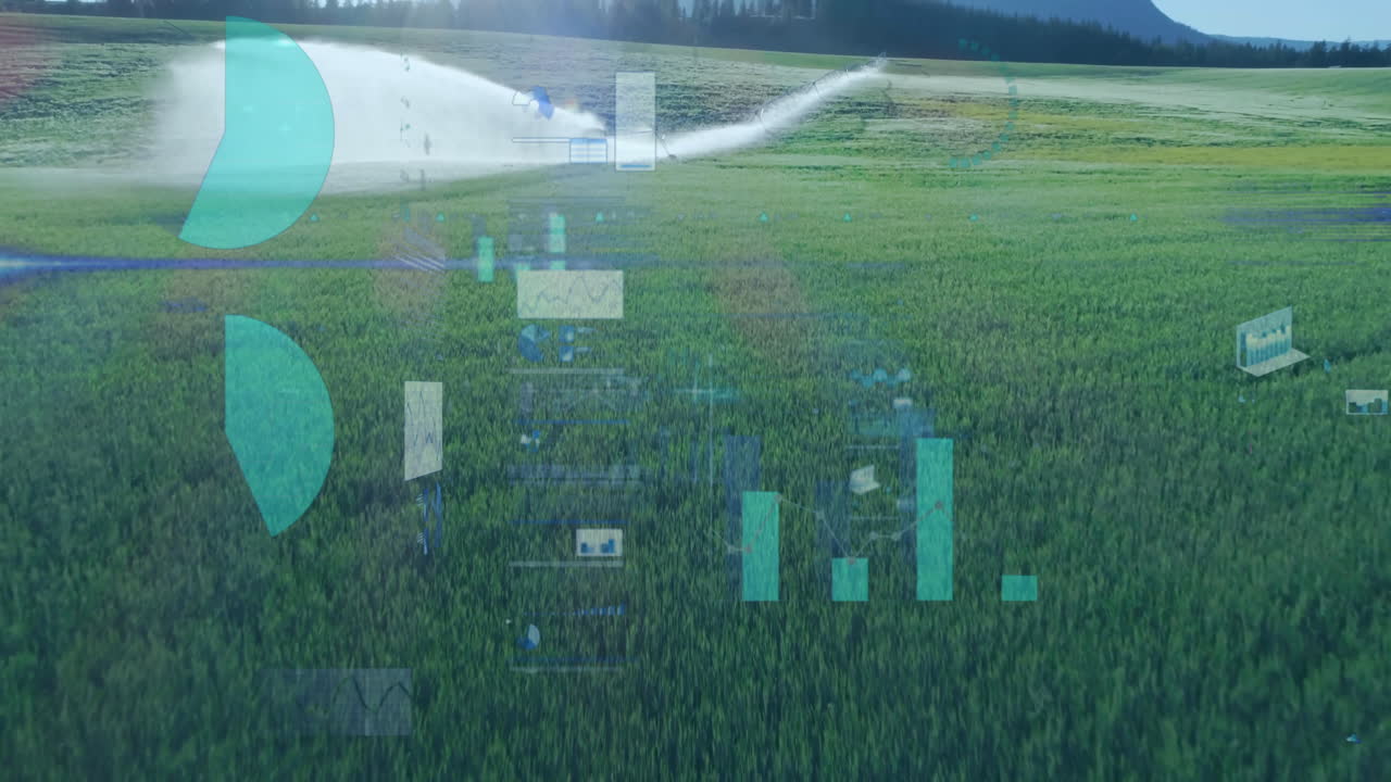 Flat 3D render showing sprinkler system spraying water, digital data charts animating above crops