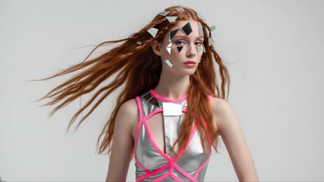 a captivating fusion of fashion and art: a model in a futuristic silver outfit with geometric accessories and flowing red hair captured in two striking frames