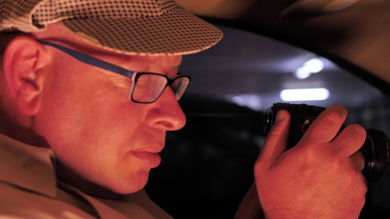 남성 형사가 용의자의 사진을 찍기 위해 기다리는 동안 차에서 잠이 든다