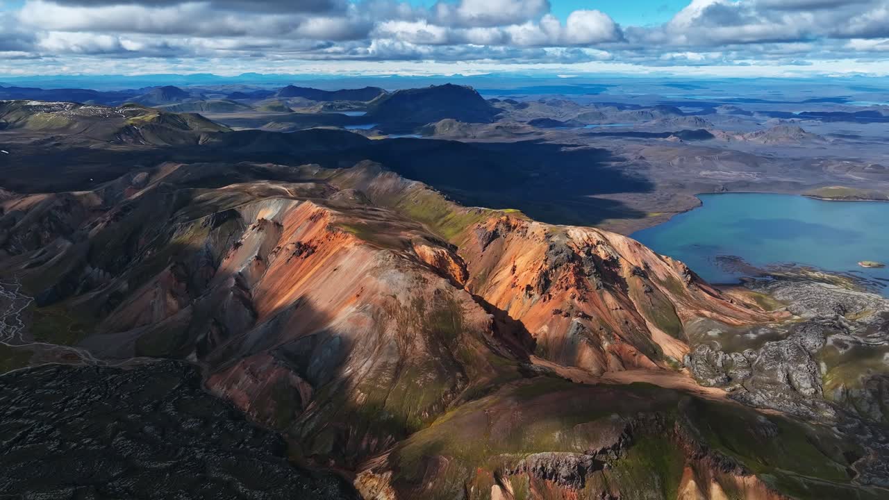 Aerial view of Iceland’s colorful rhyolite mountains and a blue volcanic lake, showcasing dramatic ridges and layered terrain under scattered clouds