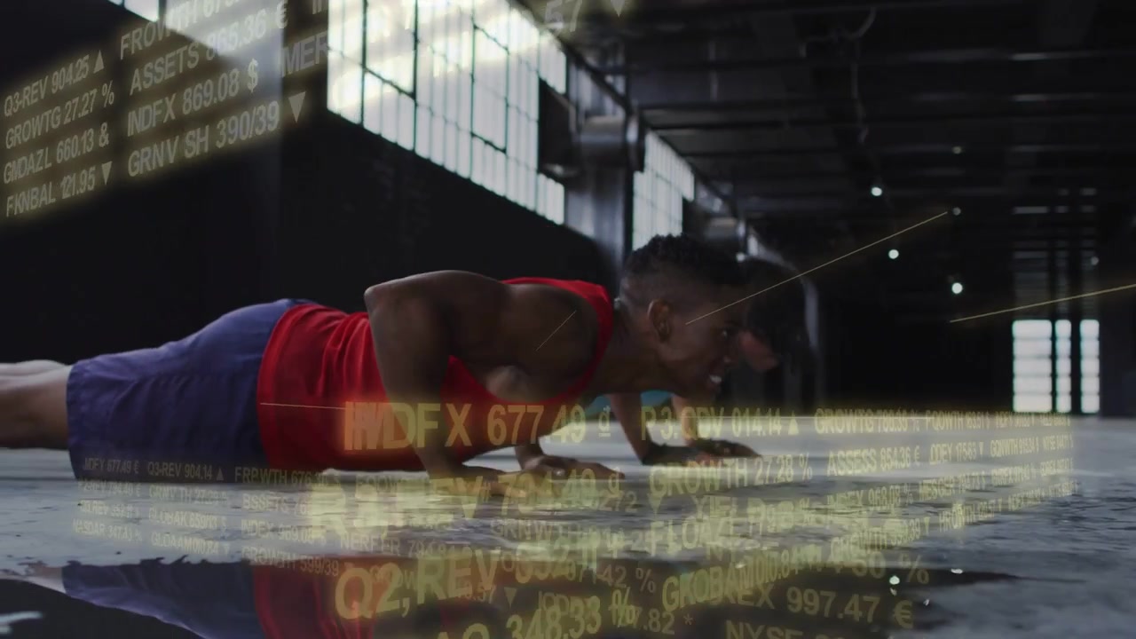 Second joining plank, duo doing synced push-ups for fitness, finance ticker scrolling over subjects