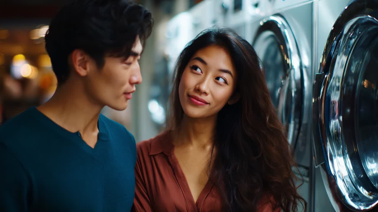 A Charming Moment Between Two Individuals at a Laundromat: Capturing the Intrigue and Connection in a Casual Setting with Washing Machines in the Background