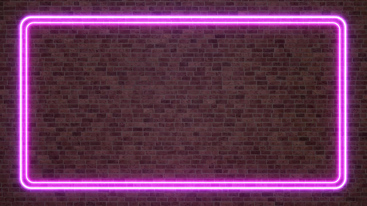 Pink neon rectangular frame flickers and glows against a dark brown brick wall background.