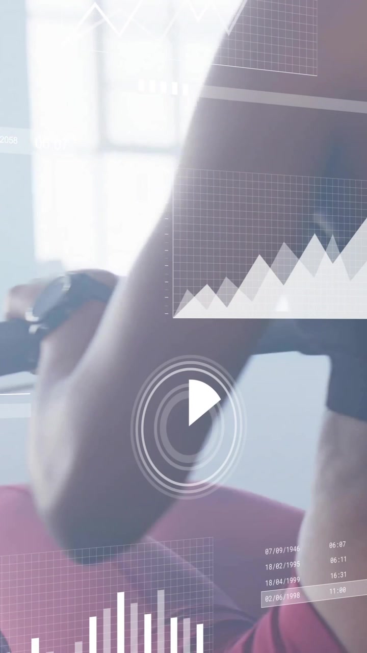 Animation of diagrams and data processing over woman exercising at gym
