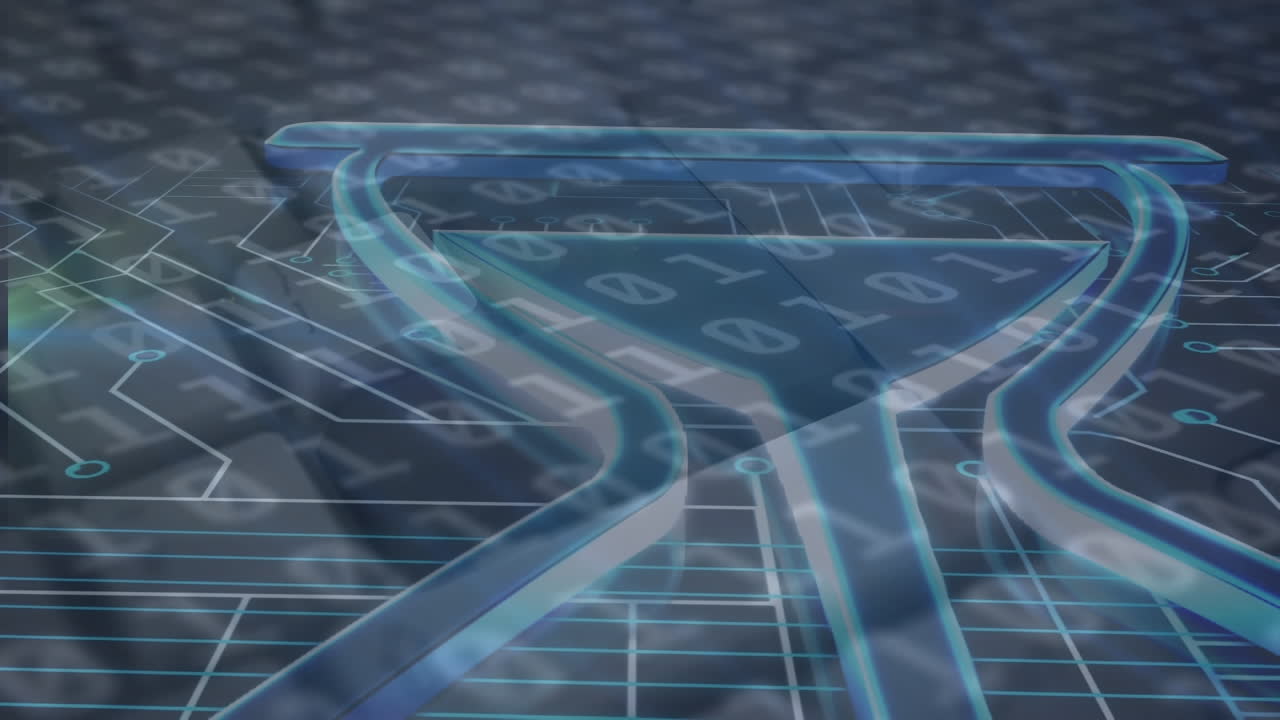 animación de vidrio de hora con placa de circuito y códigos binarios en el fondo