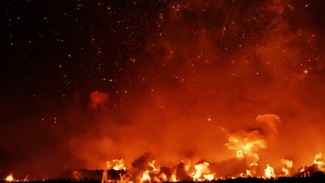 wildfire raging under a starry night, with smoke and flames rising, creating a scene of destruction and danger