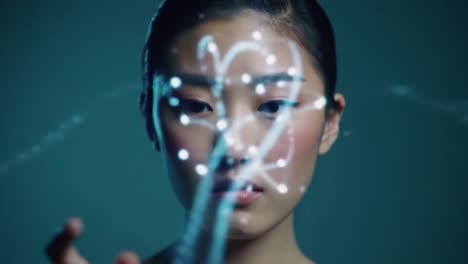 an introspective journey into science: a young woman interacting with dynamic molecular models reflecting innovation, curiosity, and the beauty of discovery