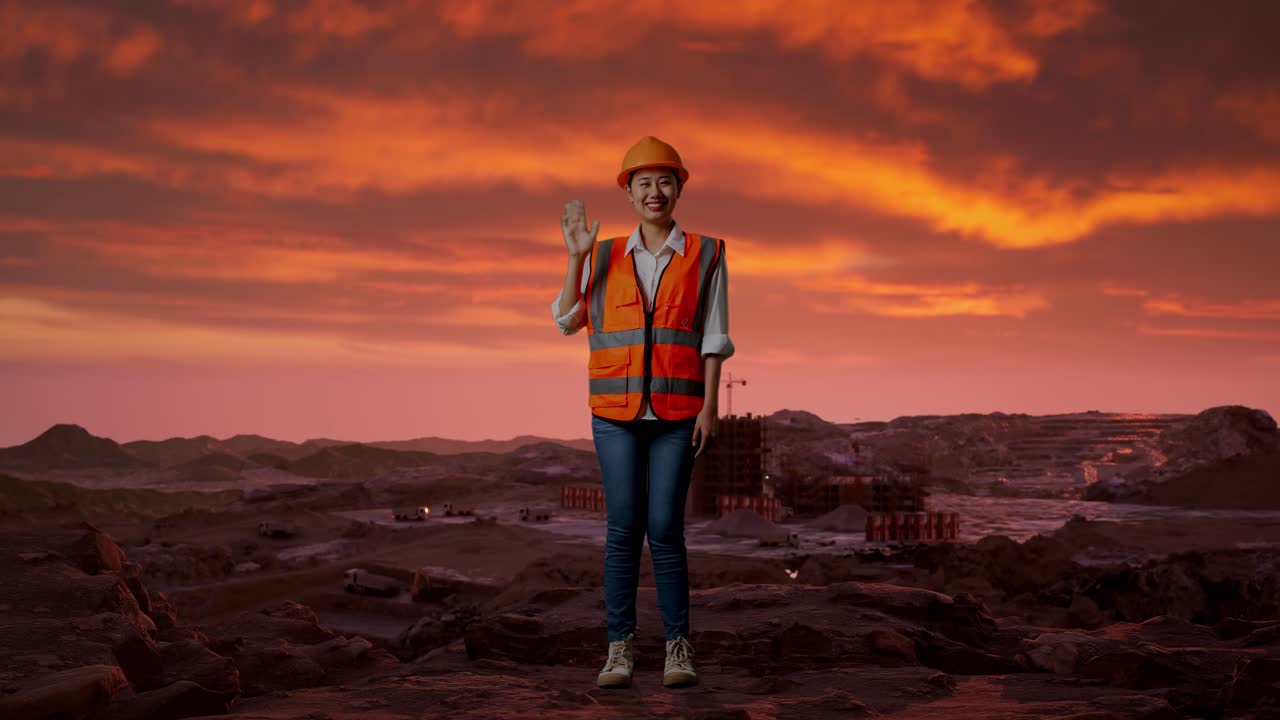 cuerpo lleno de ingeniera asiática con casco de seguridad sonriendo a la cámara y agitando la mano diciendo adiós mientras estaba de pie en el sitio de construcción, maquinaria de minería