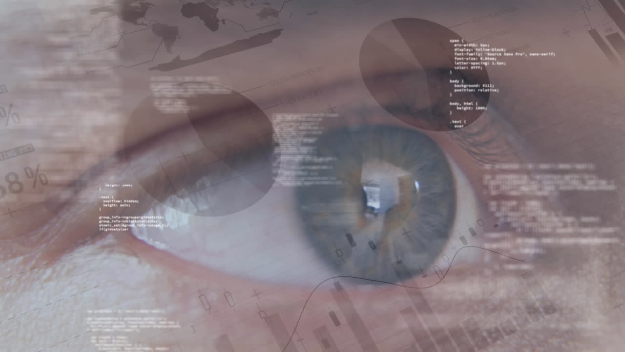 ojo azul rodeado por una animación de códigos y datos financieros