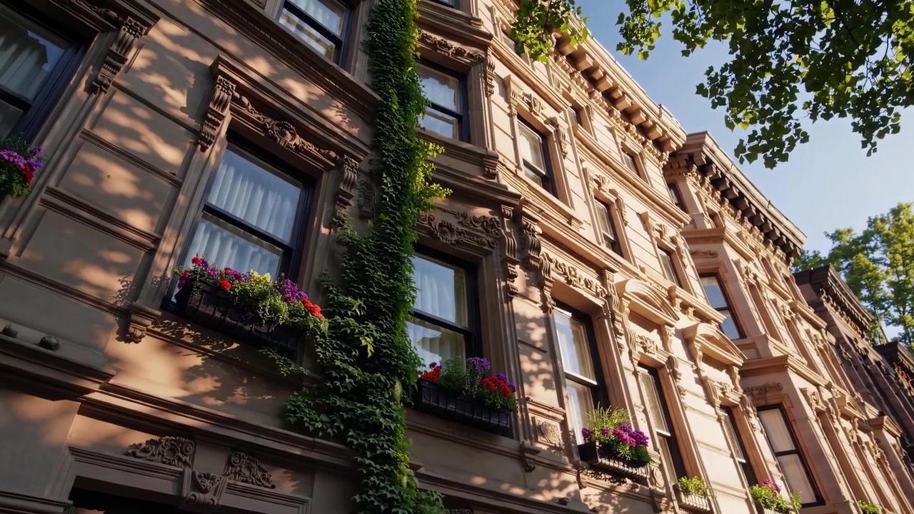 Vista dal basso della facciata di un edificio storico in brownstone con edera