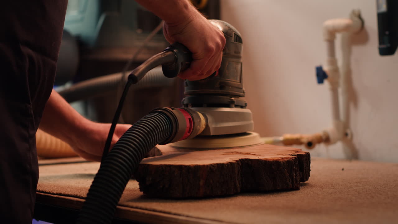 Woodworking specialist uses angle grinder on wood, close up shot