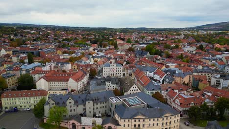 fantastic aerial top view flight town hall weimar old town cultural city thuringia germany fall 23